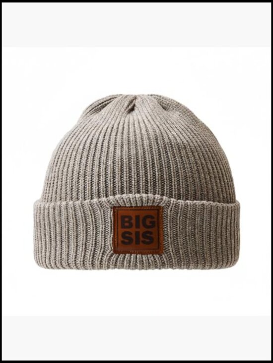Matching Sister Knit Beanies Set Big Sis Lil Sis Leather Patch Hat main image 5